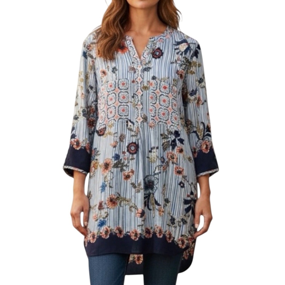 Tunic Blouse‎ Women's 2X Blue Floral Stripe Boho Cottagecore Coastal Office